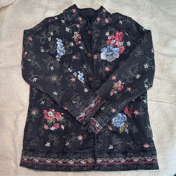 Denim&Co Jackets & Blazers - Denim&Co Dark Jean Jacket with Colorful Embroidery